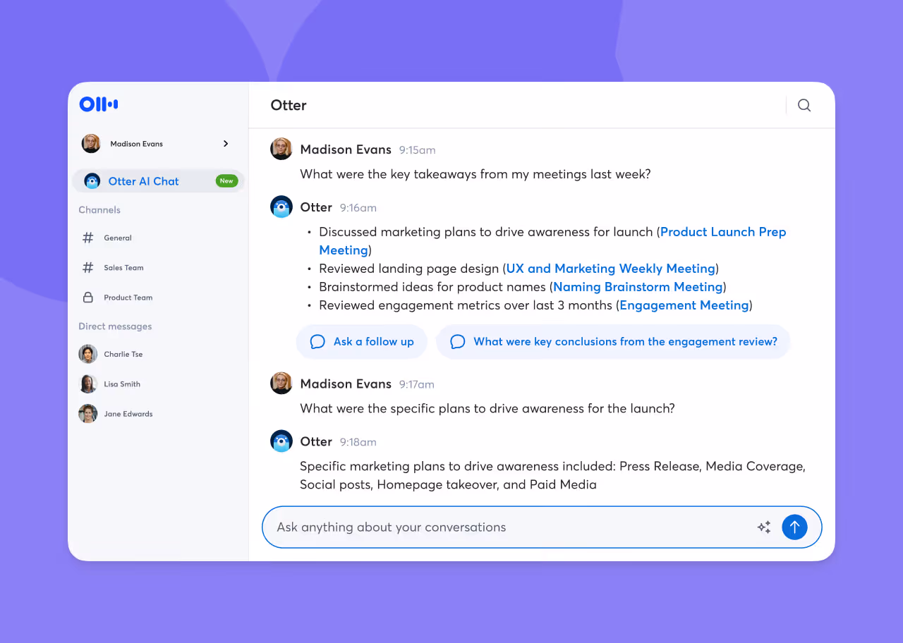 Otter.ai chat and meeting search interface