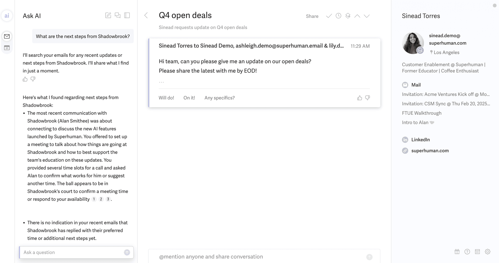 Superhuman Ask AI email interface