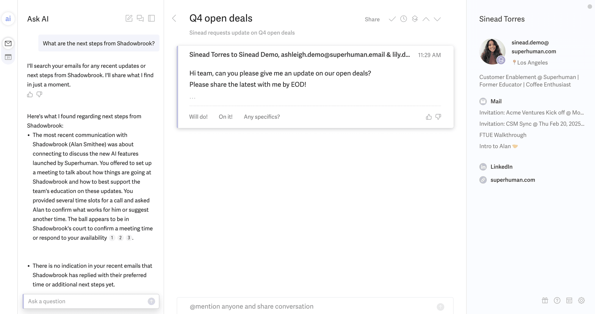 Superhuman Ask AI email interface